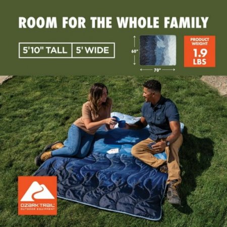 Ozark Trail Packable Blanket, 70" x 60" in Blue Mountain Scene Design with Stuff Sack for Camping Picnics